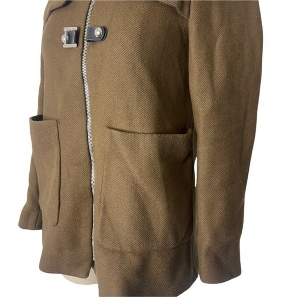 ZARA Women's Brown Pea Coat Full Zip Front Buckle Detail Faux Fur Hood Size XS - Picture 8 of 12